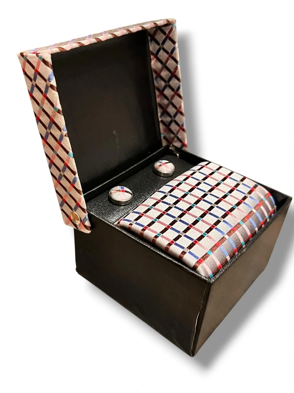 100% Silk Tie & Matching Cufflinks Gift Set : Light Purple/Multi Color Check D-3